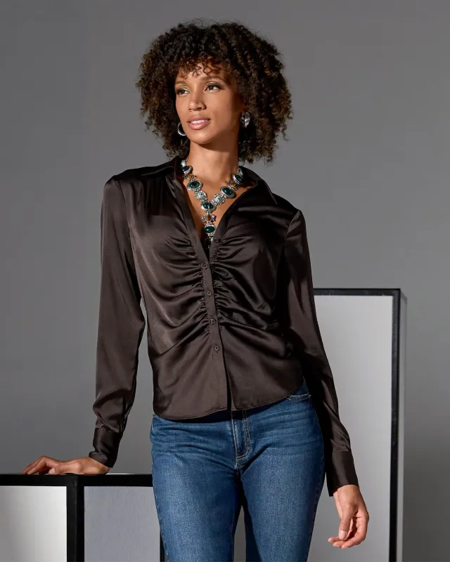 Jessie Charmeuse Ruched Center Front Button Up Shirt Chocolate Torte sold by Boston Proper