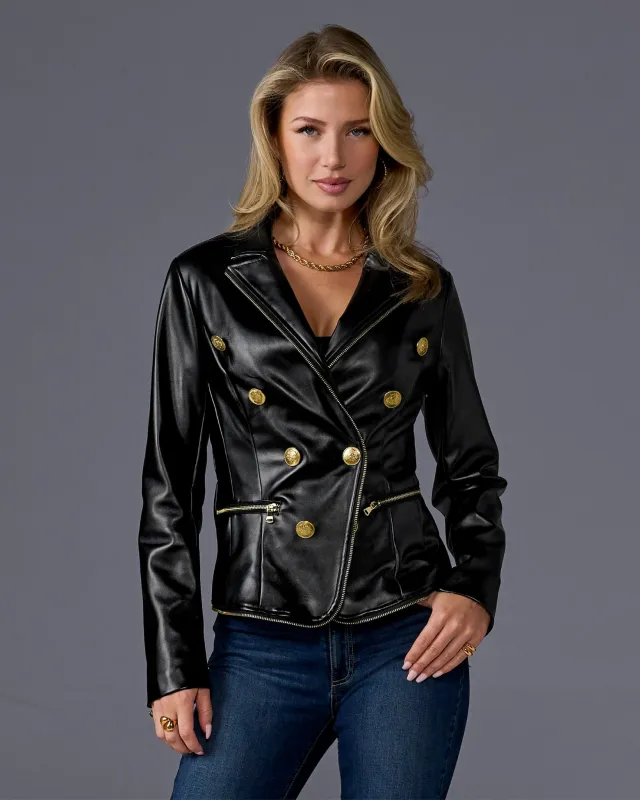 Zip Trim Faux Leather Double Breasted Jacket Black sold by Boston Proper
