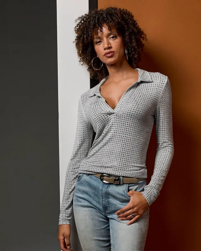 All Over Rhinestone Collared Top Heather Gray sold by Boston Proper