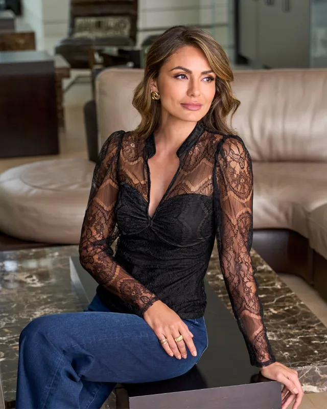 Delicate Lace Puff Sleeve Top Proper Black sold by Boston Proper