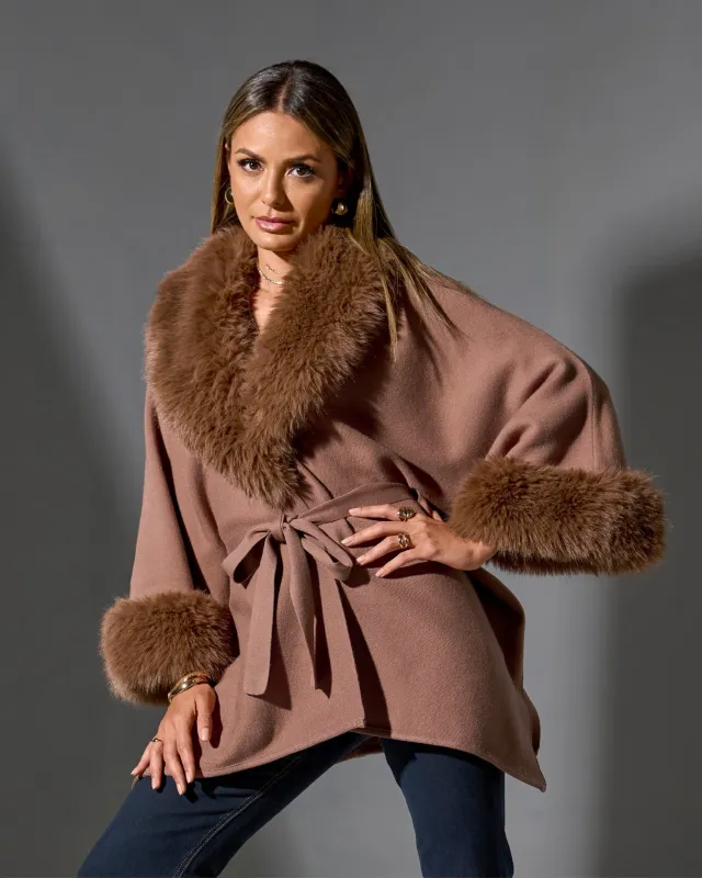 Faux Fur Tie Waist Poncho Toffee sold by Boston Proper