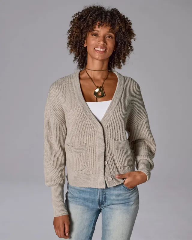 Relaxed Ribbed V-Neck Cardigan Heather Oatmeal sold by Boston Proper
