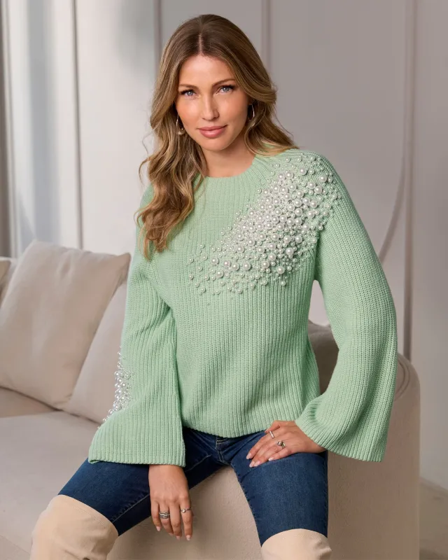 Pearl Embellished Flare Sleeve Sweater Surf Spray sold by Boston Proper