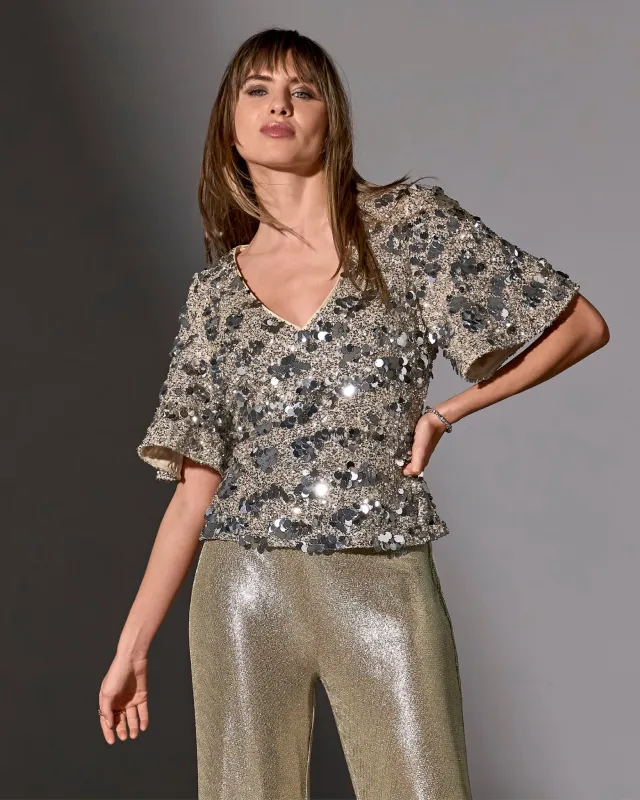 Sequin Paillette Knit Top White Silver sold by Boston Proper