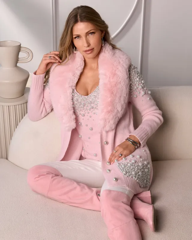 Faux Fur Collar Pearl Embellished Cardigan Sweater Soft Pink sold by Boston Proper