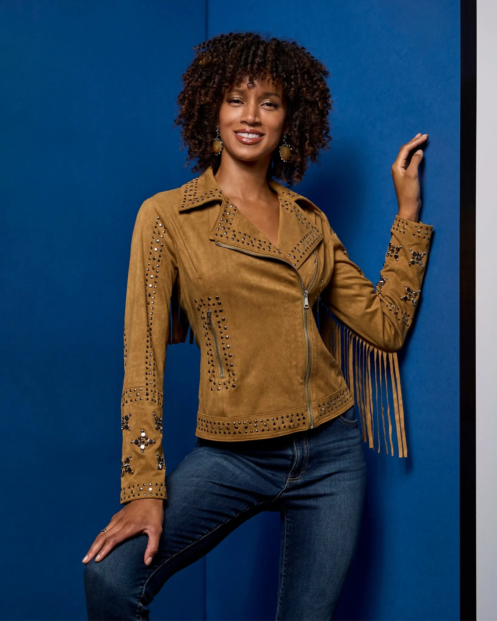 Studded Faux Suede Fringe Moto Jacket Camel sold by Boston Proper