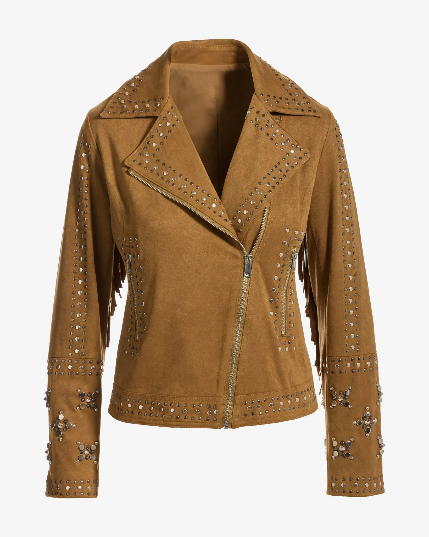Studded Faux Suede Fringe Moto Jacket Camel sold by Boston Proper product image thumbnail 2