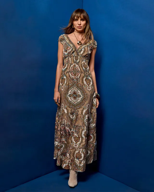 Foil Metallic Print Tiered Maxi Dress Festive Medallion made by Boston Proper