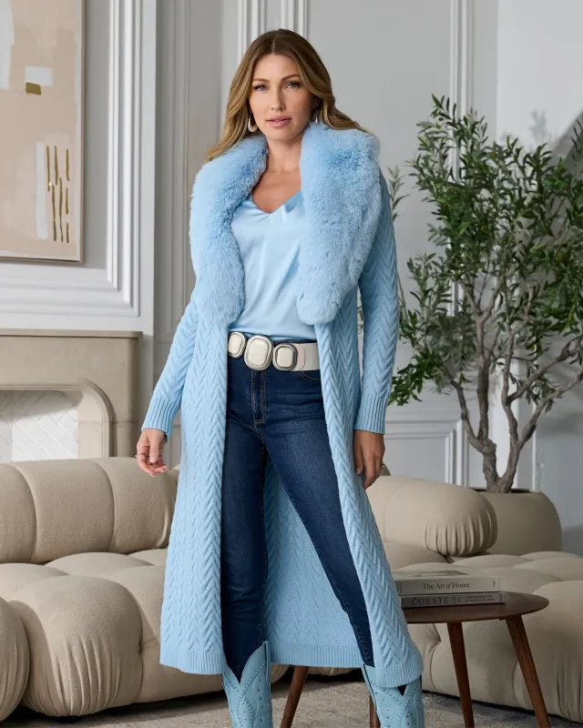 Faux Fur Trim Sweater Duster Cool Blue sold by Boston Proper