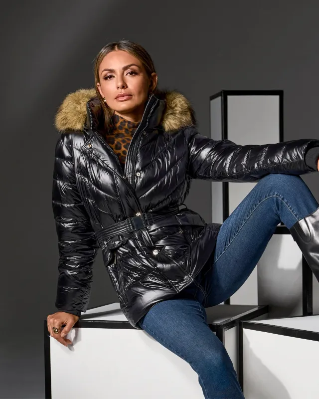 Glossy Finish Faux Fur Trim Hooded Puffer Coat Black sold by Boston Proper