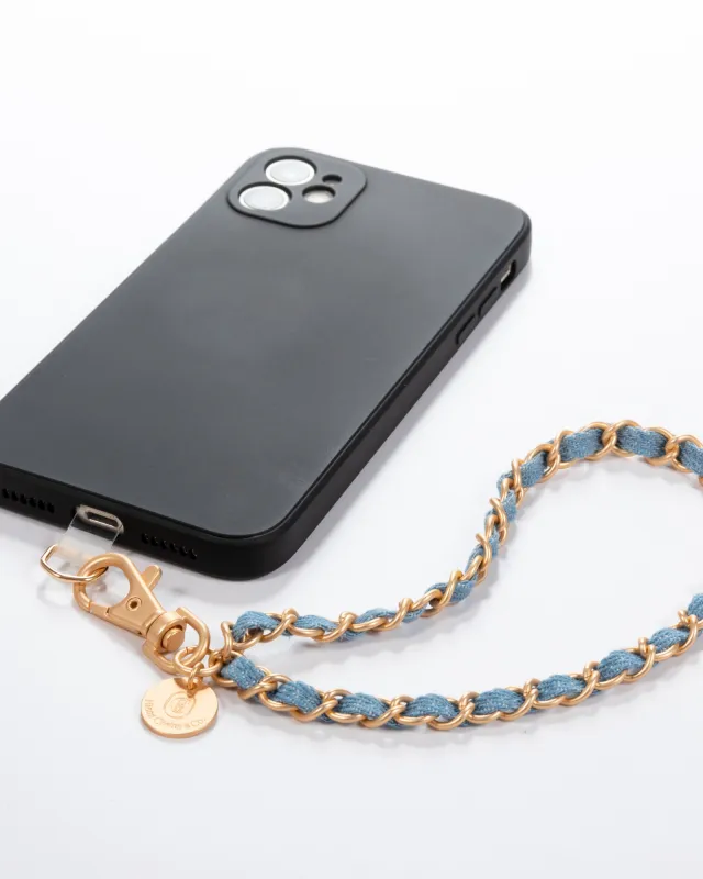 Denim Dream x Matte Gold Phone Wristlet sold by Boston Proper