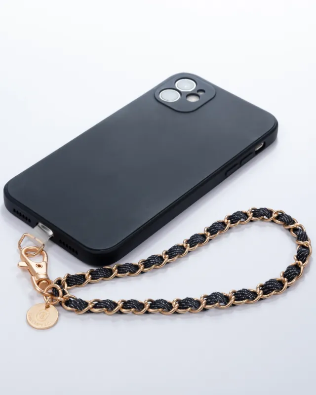 Dark Denim x Matte Gold Phone Wristlet sold by Boston Proper