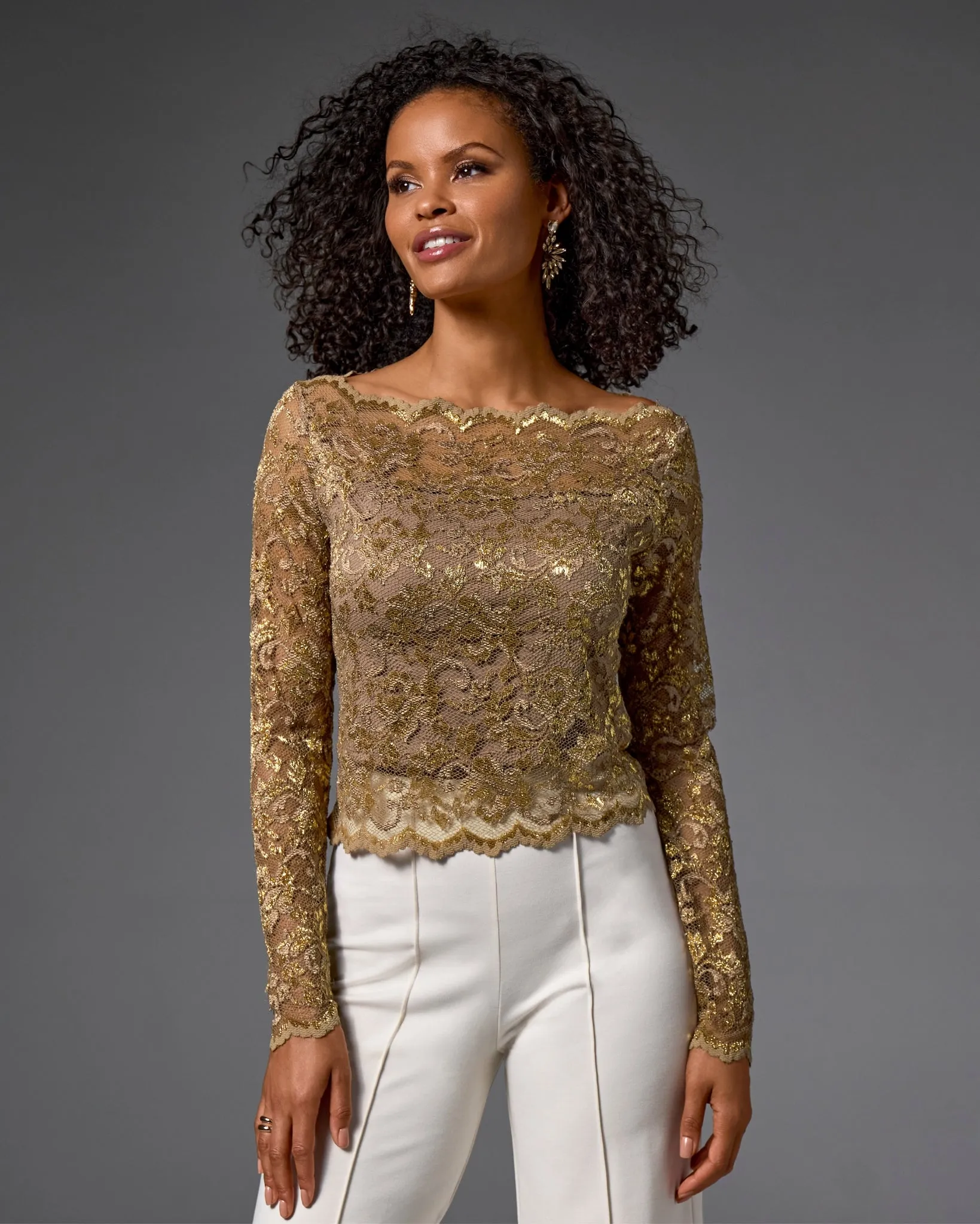 Metallic Lace Shoulder Skimming Knit Top Gold sold by Boston Proper