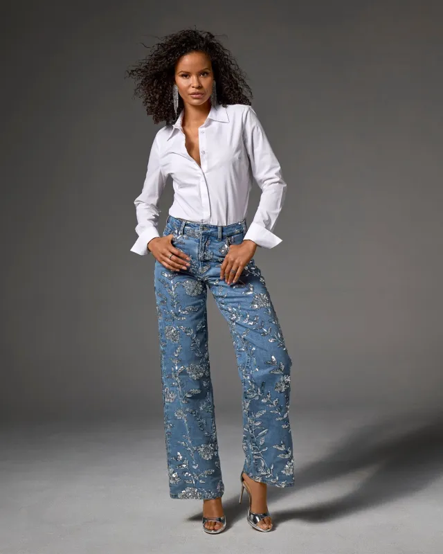 Floral Sequin Wide Leg Jean Medium Wash/Silver sold by Boston Proper