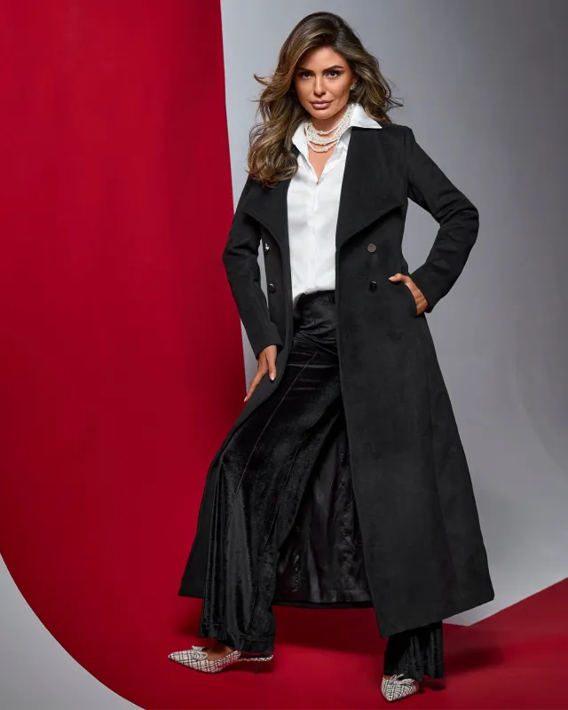 Luxe Shawl Collar Full Length Double Breasted Coat Black sold by Boston Proper