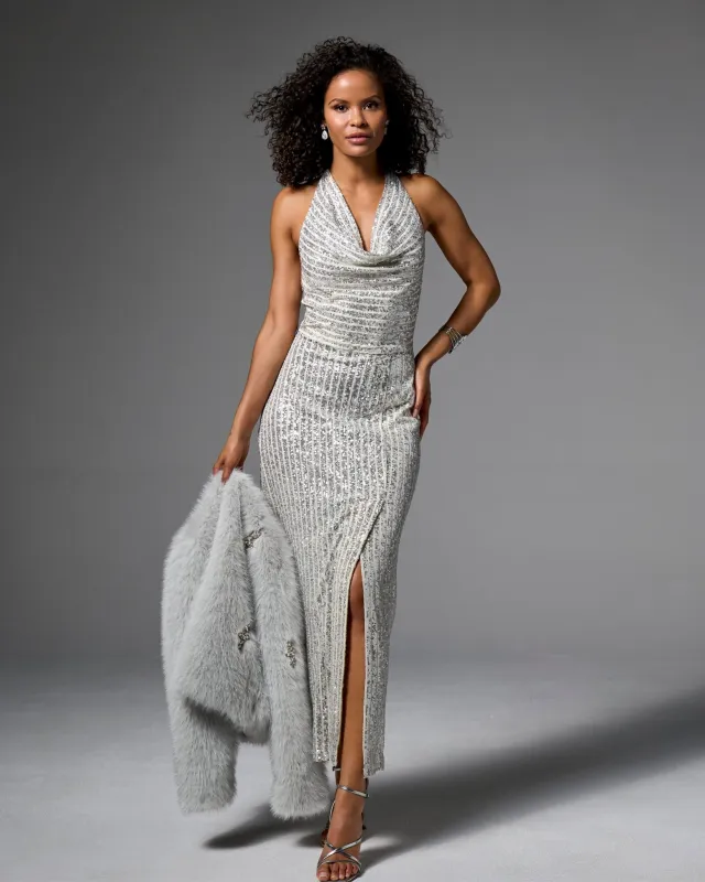 Sequin Rib Cowl Neck Slit Gown Silver sold by Boston Proper