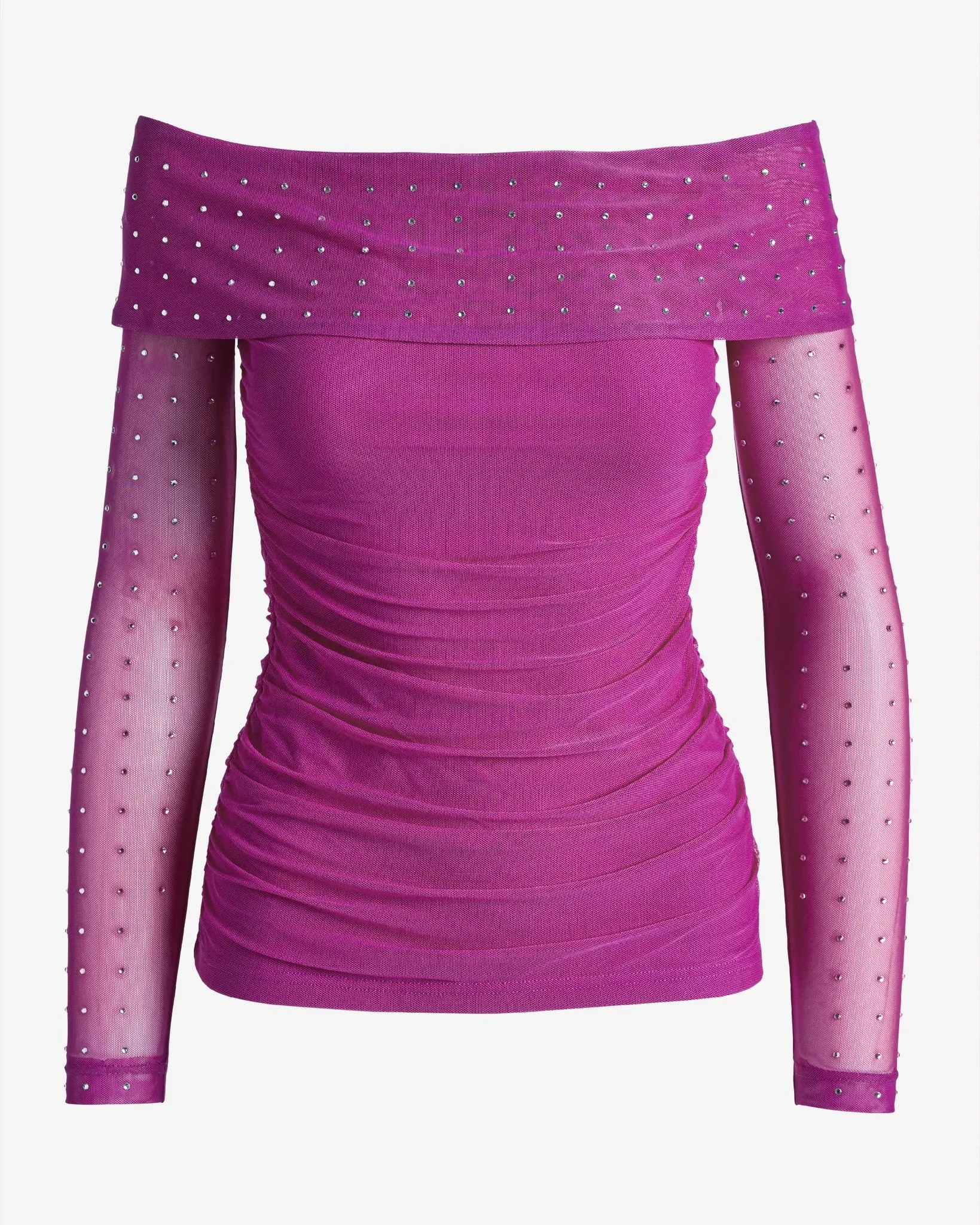 Rhinestone Mesh Ruched Off the Shoulder Knit Top Fuchsia sold by Boston Proper product image thumbnail 2