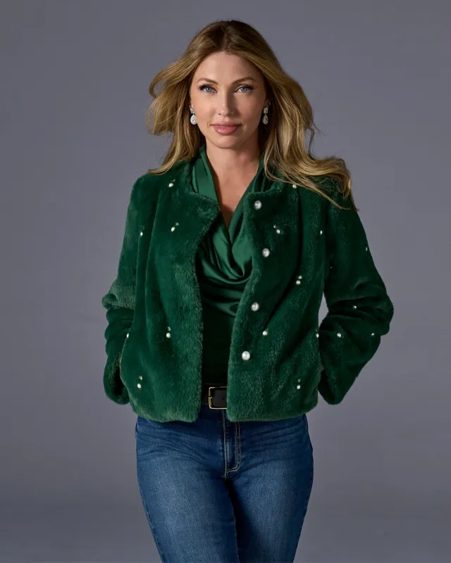 Pearl Embellished Faux Fur Collarless Chubby Emerald sold by Boston Proper