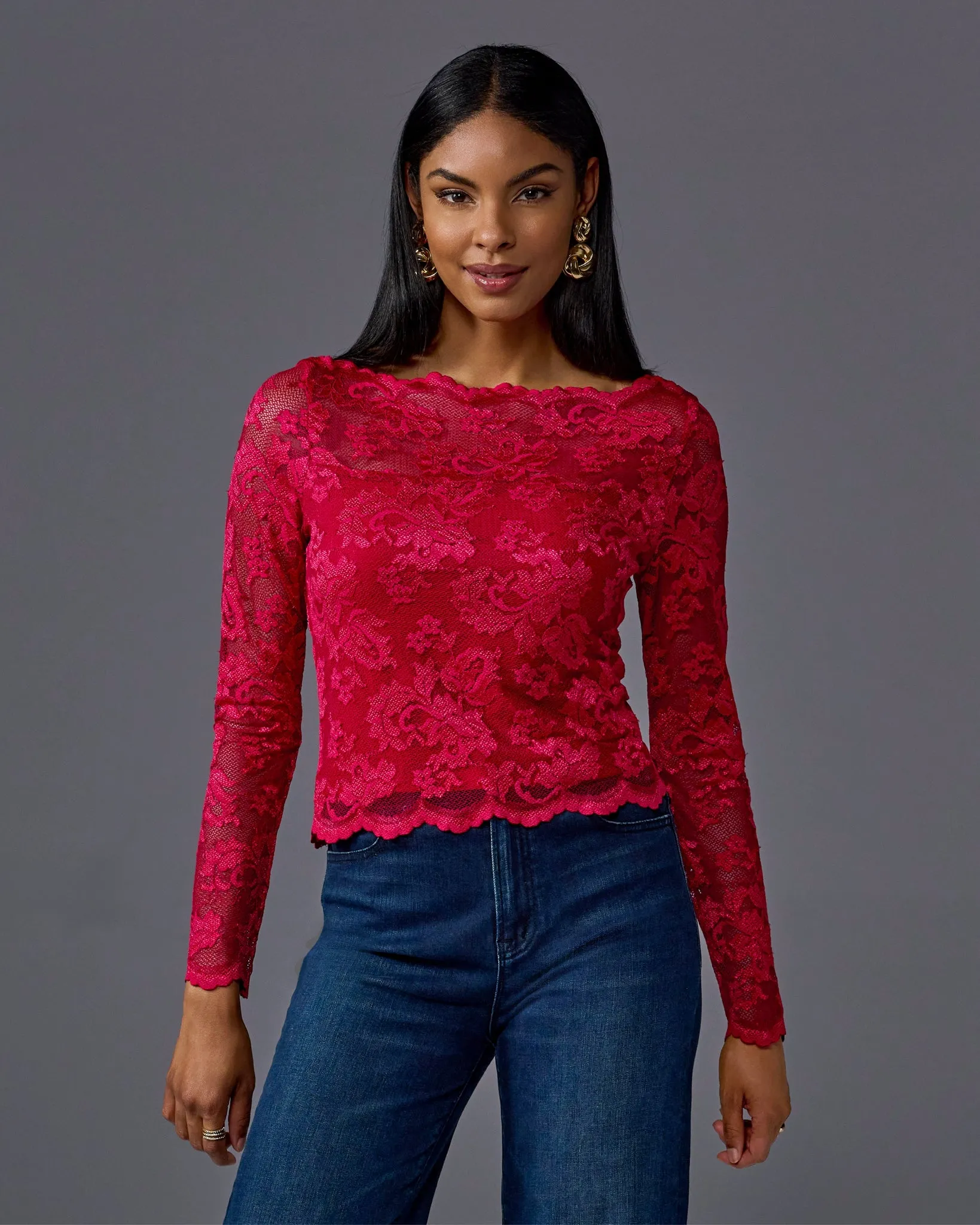 Lace Shoulder Skimming Knit Top Red sold by Boston Proper