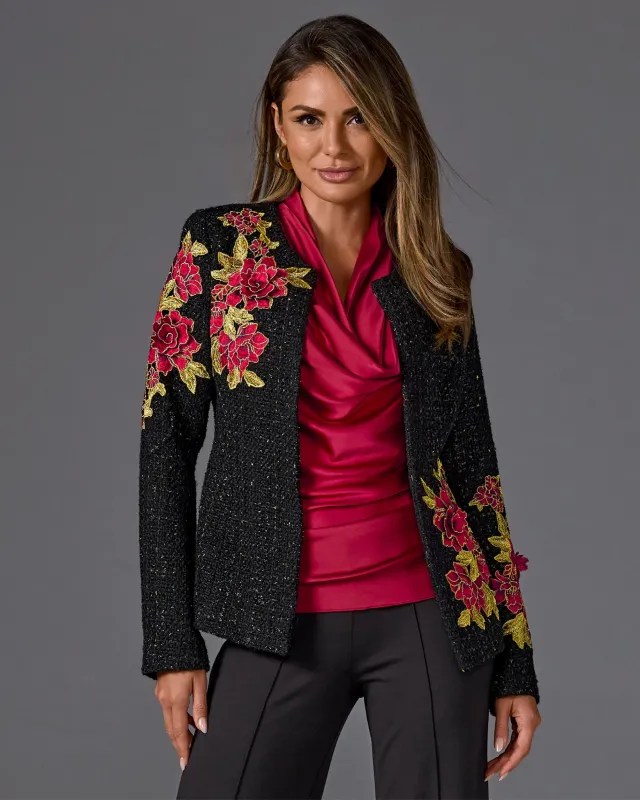 Rose Embroidered Tweed Lady Jacket Black Multi sold by Boston Proper