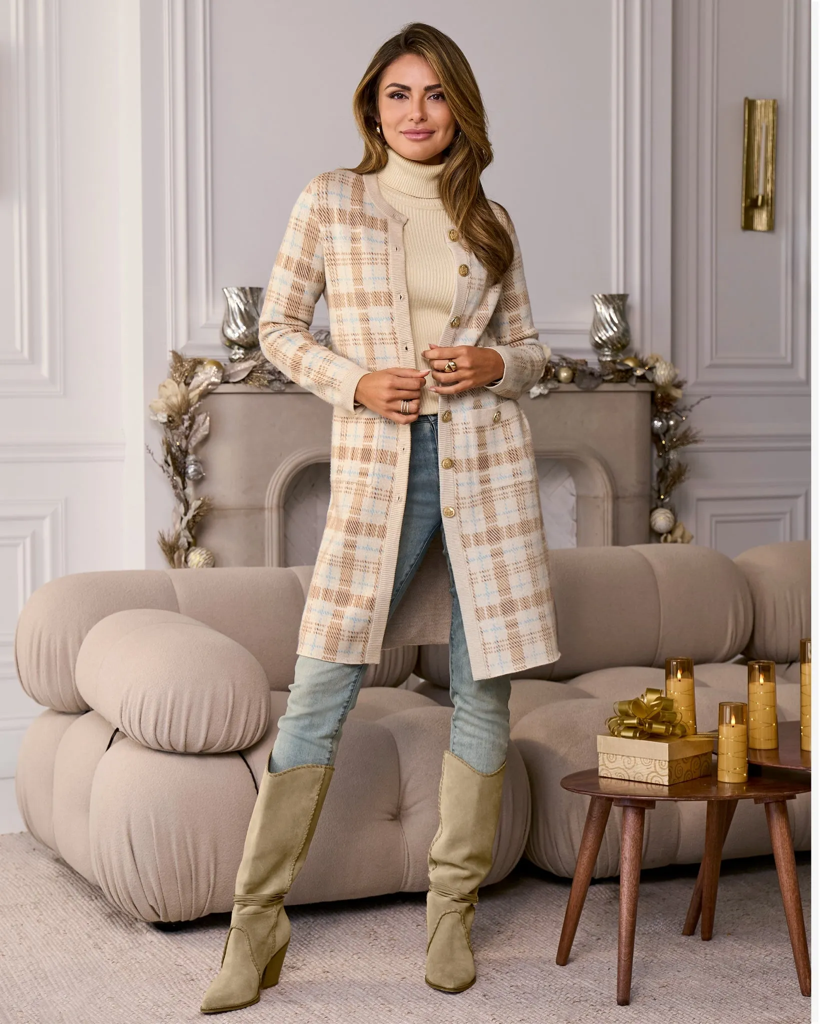 Plaid Crested Button Sweater Duster Cozy Plaid sold by Boston Proper