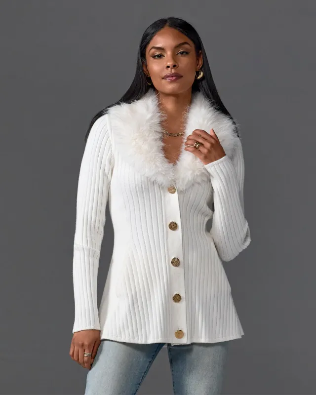 Faux Fur Trim Button Up A-Line Cardigan Off White sold by Boston Proper