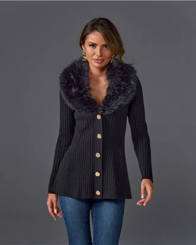 Faux Fur Trim Button Up A-Line Cardigan Proper Black sold by Boston Proper