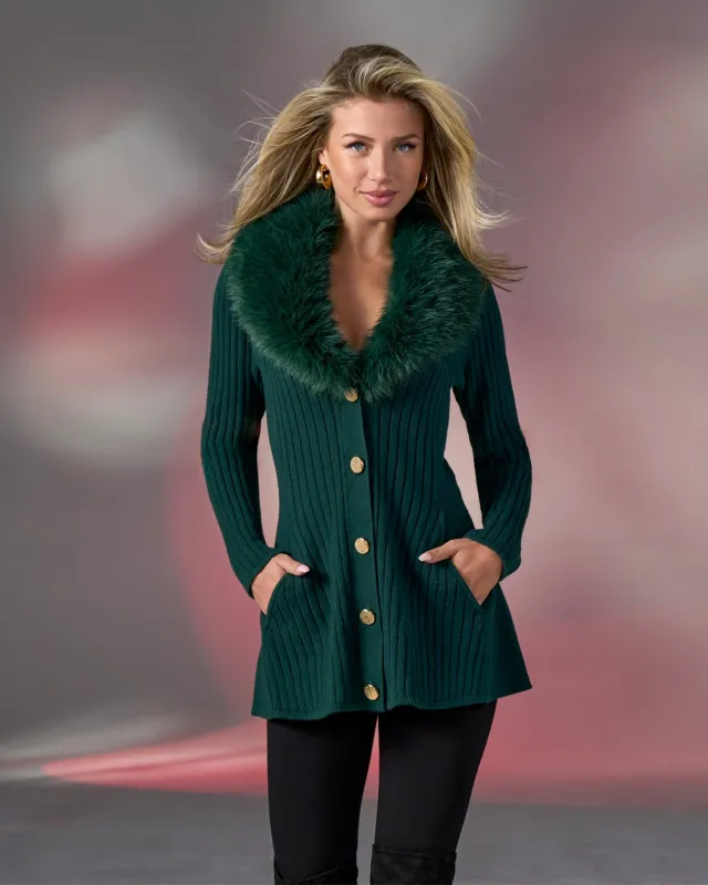 Faux Fur Trim Button Up A-Line Cardigan Emerald sold by Boston Proper