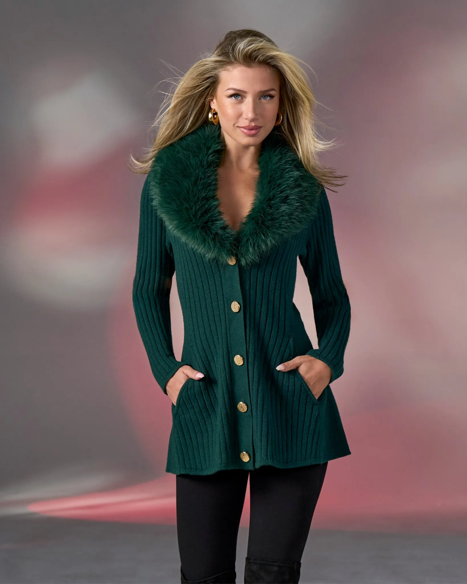 Faux Fur Trim Button Up A-Line Cardigan Emerald sold by Boston Proper