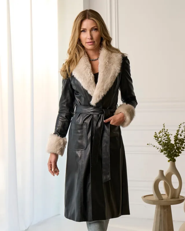 Two Tone Faux Leather Trench Coat Black sold by Boston Proper