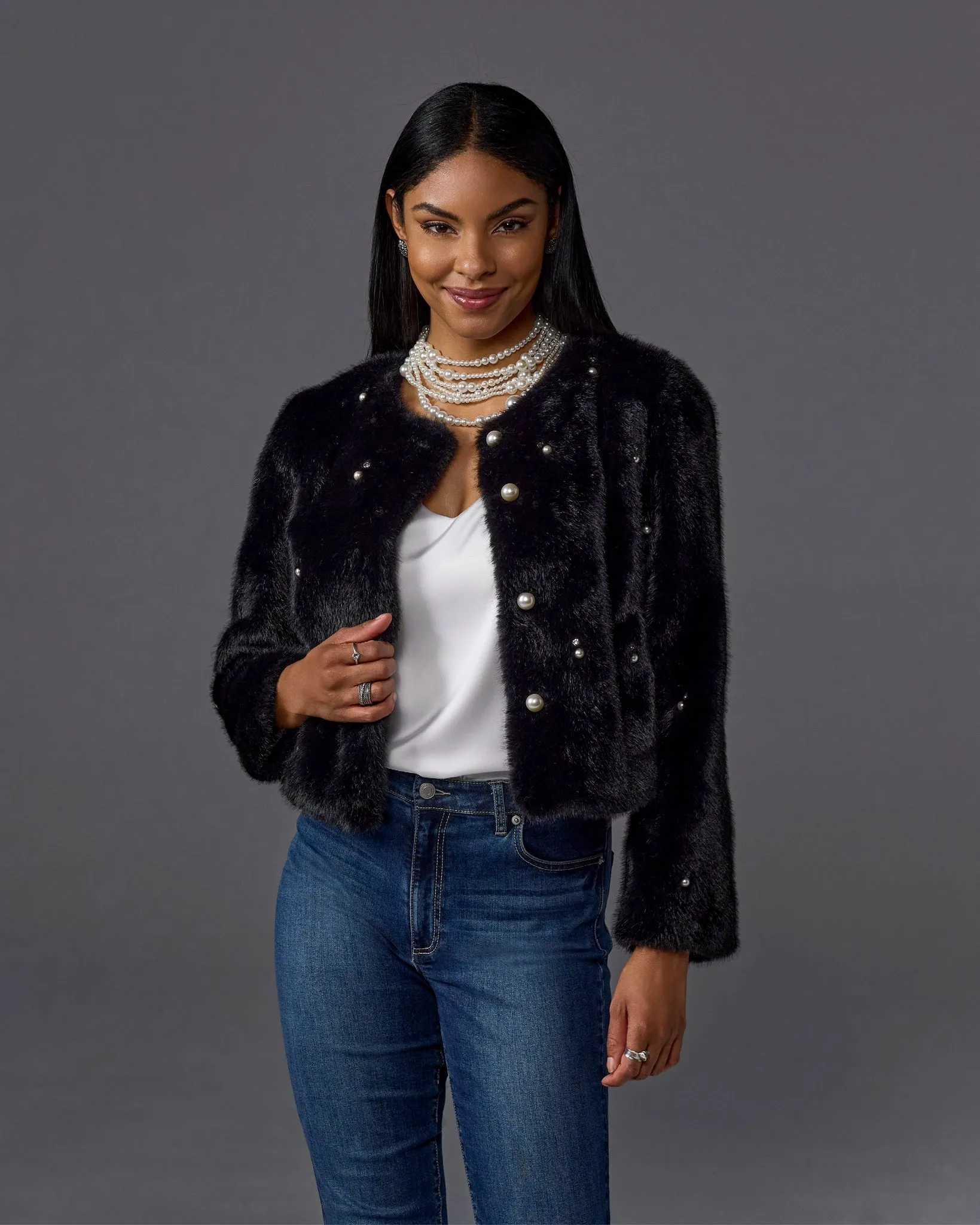 Pearl Embellished Faux Fur Collarless Chubby Black sold by Boston Proper