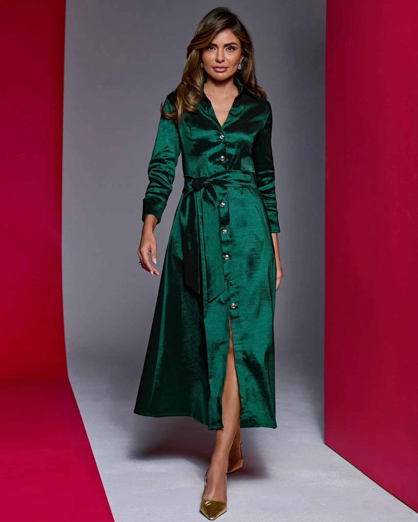Taffeta Three Quarter Sleeve Button Up Shirt Dress Emerald sold by Boston Proper