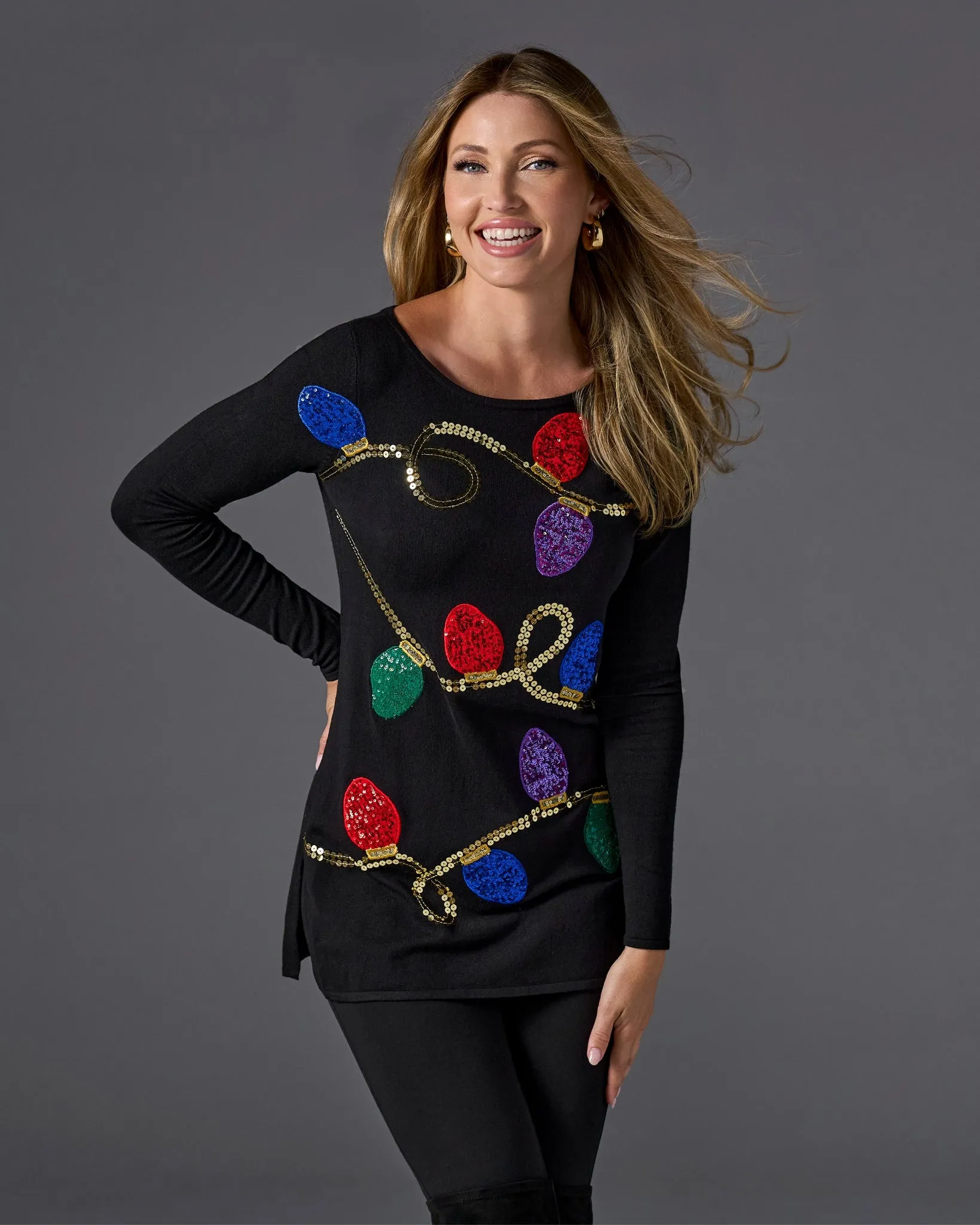 Festive Lightbulb Sweater Black Multi sold by Boston Proper