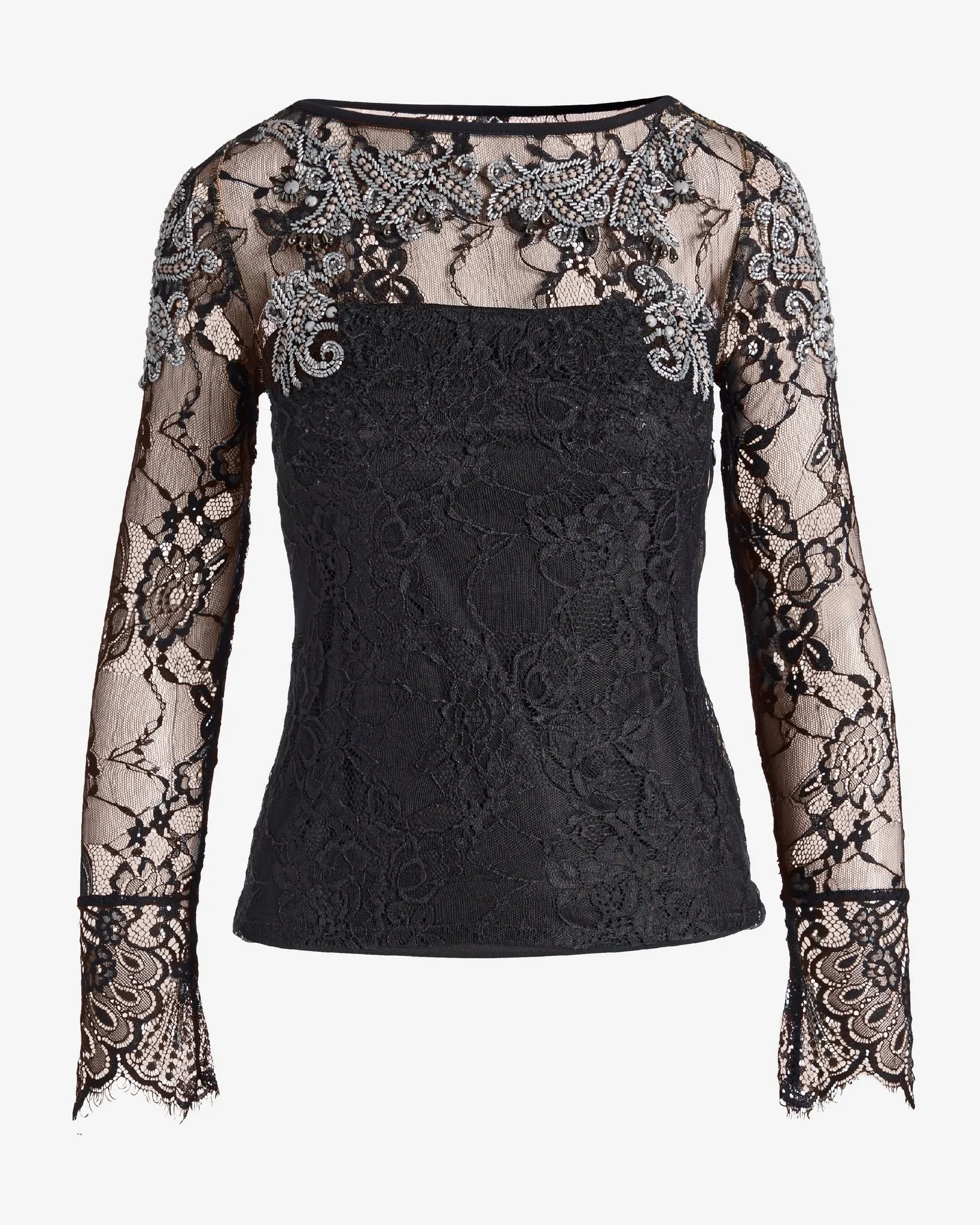 Embellished Lace Boat Neck Knit Top Black/White sold by Boston Proper product image thumbnail 2