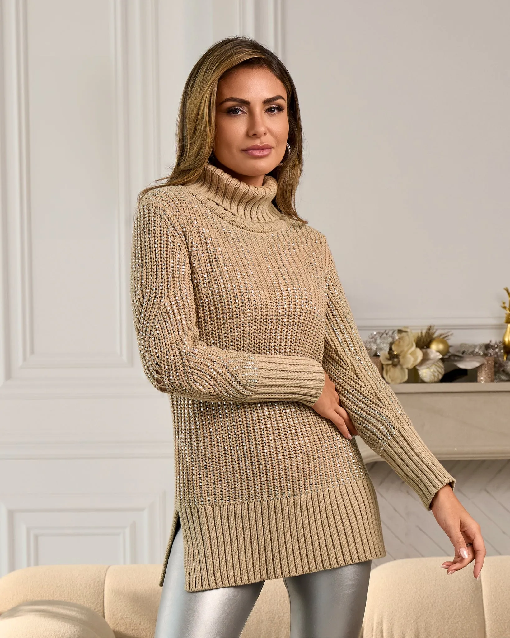 Embellished Turtleneck Sweater Sesame sold by Boston Proper