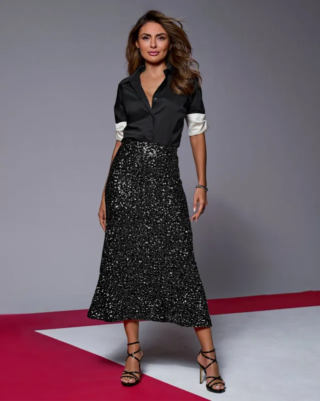 Sequin Midi Skirt Black/Silver sold by Boston Proper