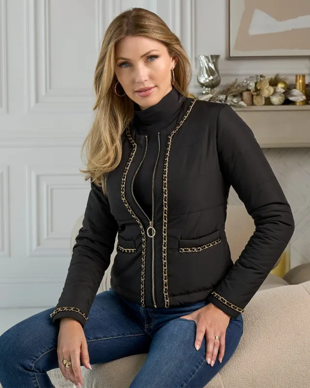Chain Trim Light Weight Puffer Jacket Black made by Boston Proper