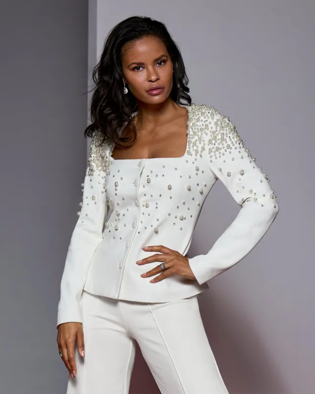 Pearl Embellished Ponte Jacket Off White sold by Boston Proper
