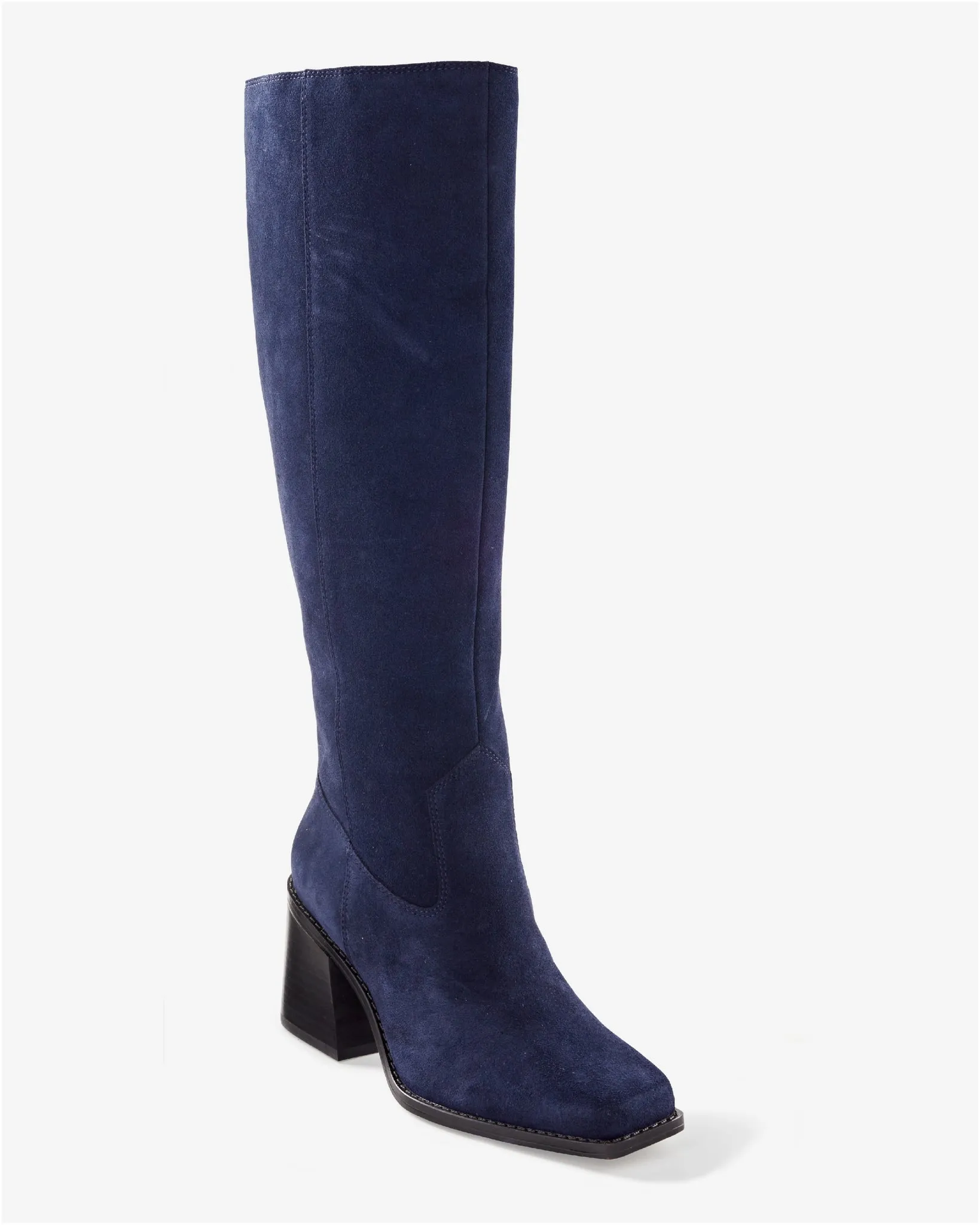 Suede Knee-High Block-Heel Boot Navy sold by Boston Proper