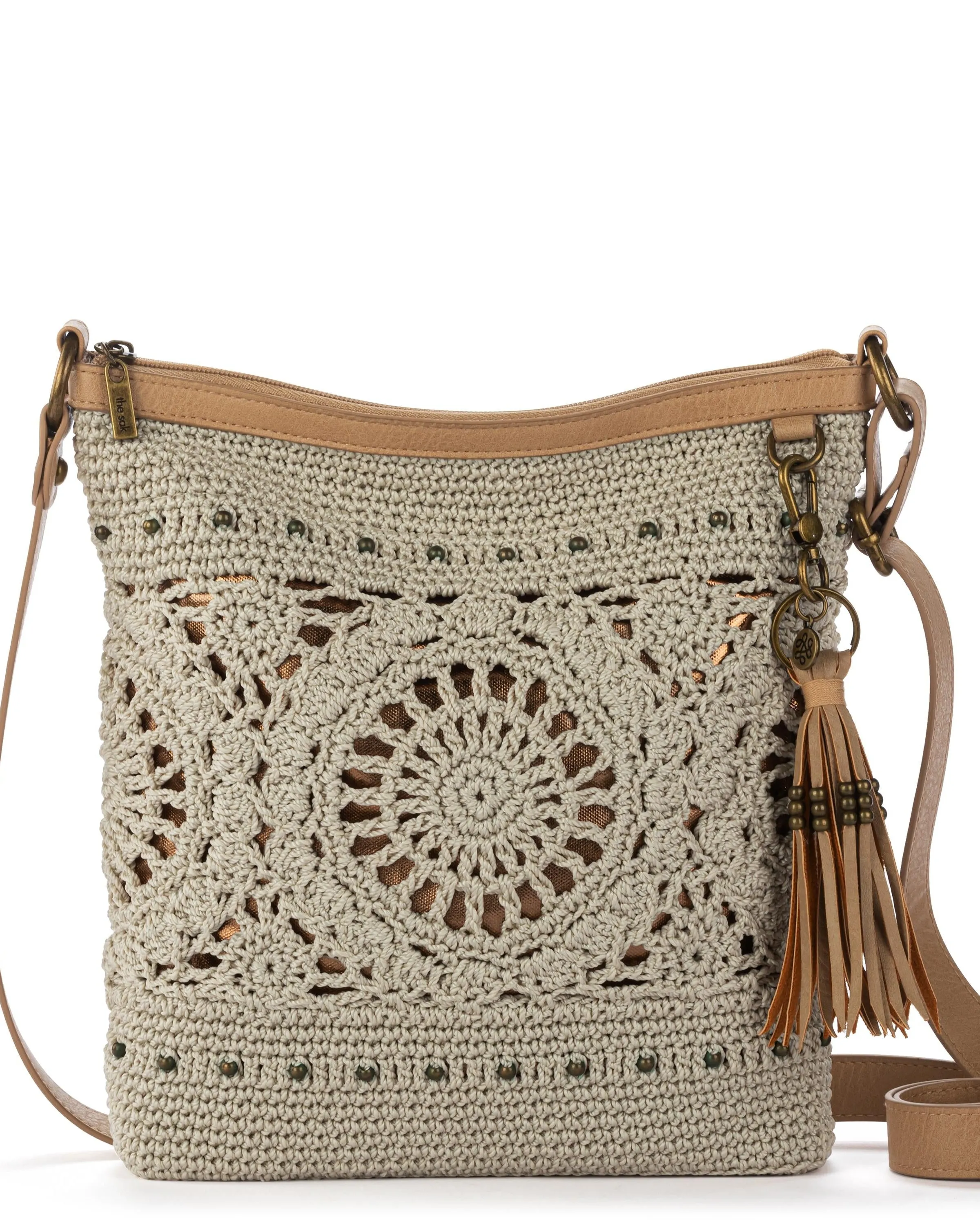 Lucia Crossbody - Hand Crochet - Natural Grey Medallion sold by Boston Proper