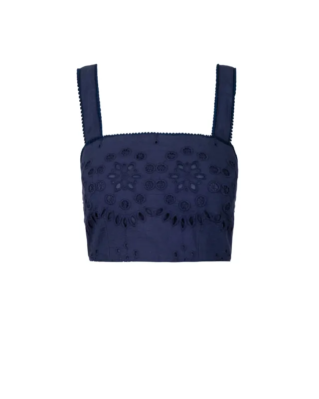 Ilyssa Crop Top In Navy Calypso Eyelet sold by Boston Proper