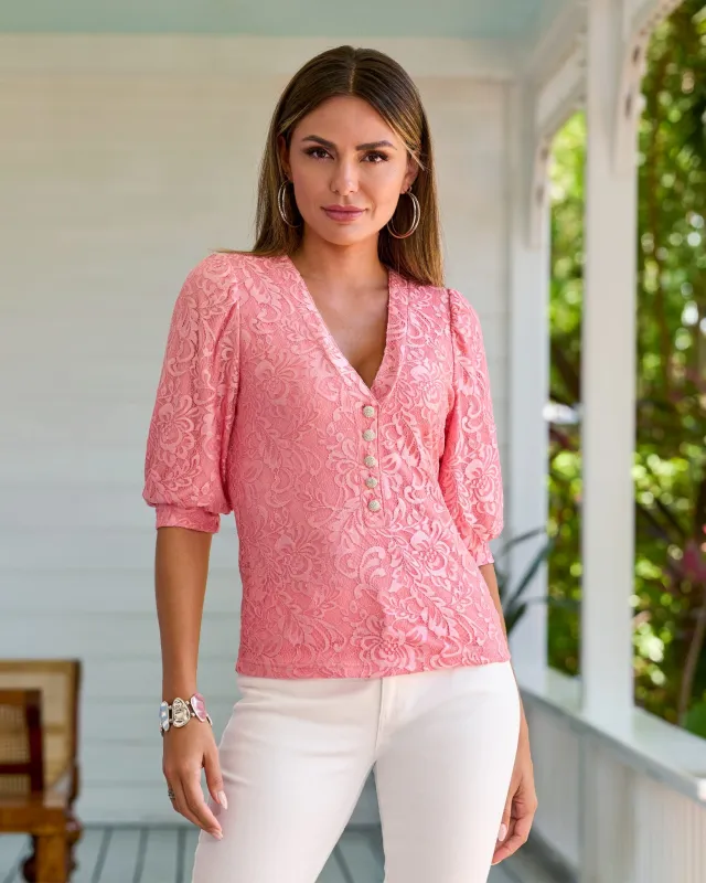 Lace Embellished Button Puff Sleeve Knit Top Flamingo Pink made by Boston Proper