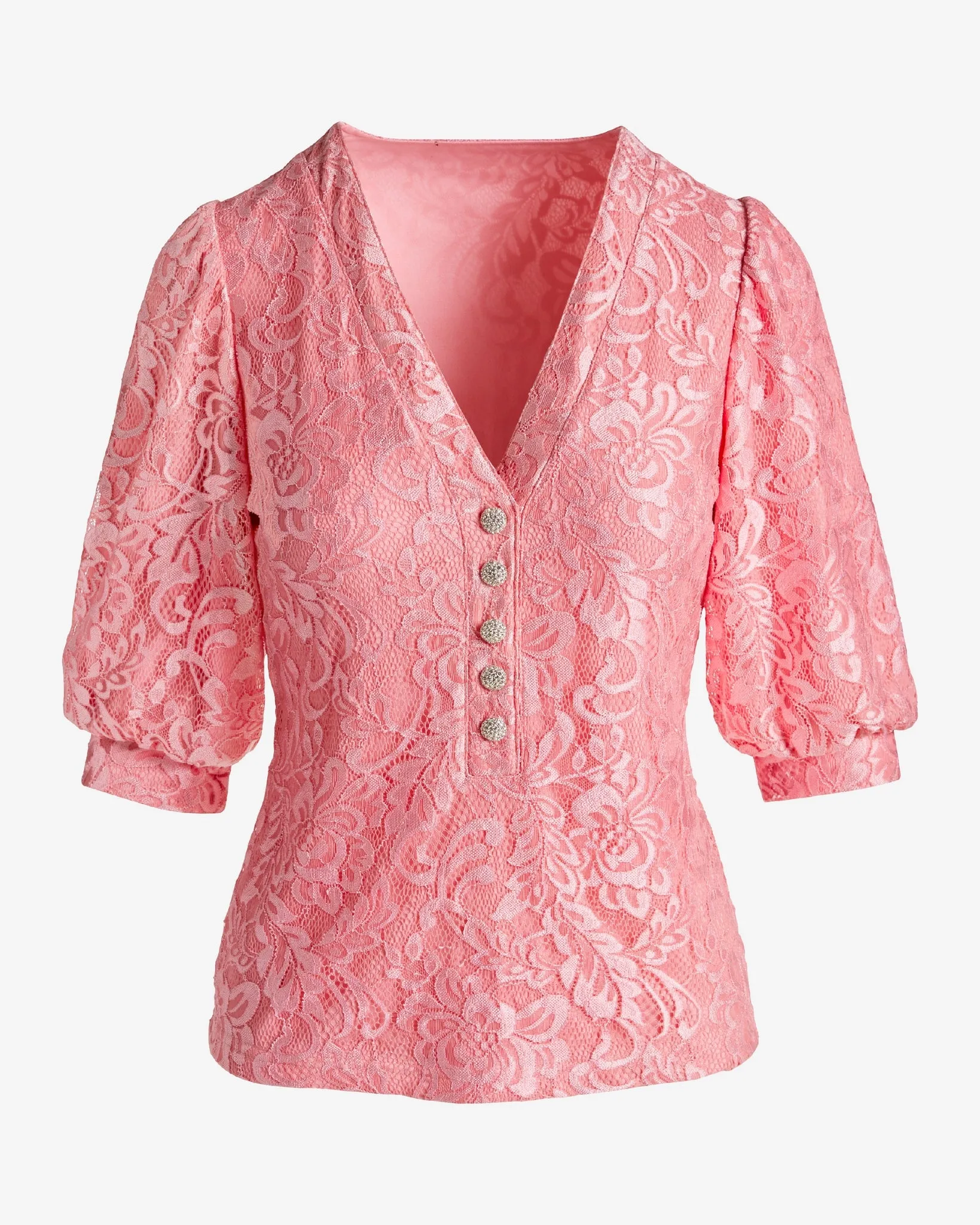 Lace Embellished Button Puff Sleeve Knit Top Flamingo Pink sold by Boston Proper product image thumbnail 2