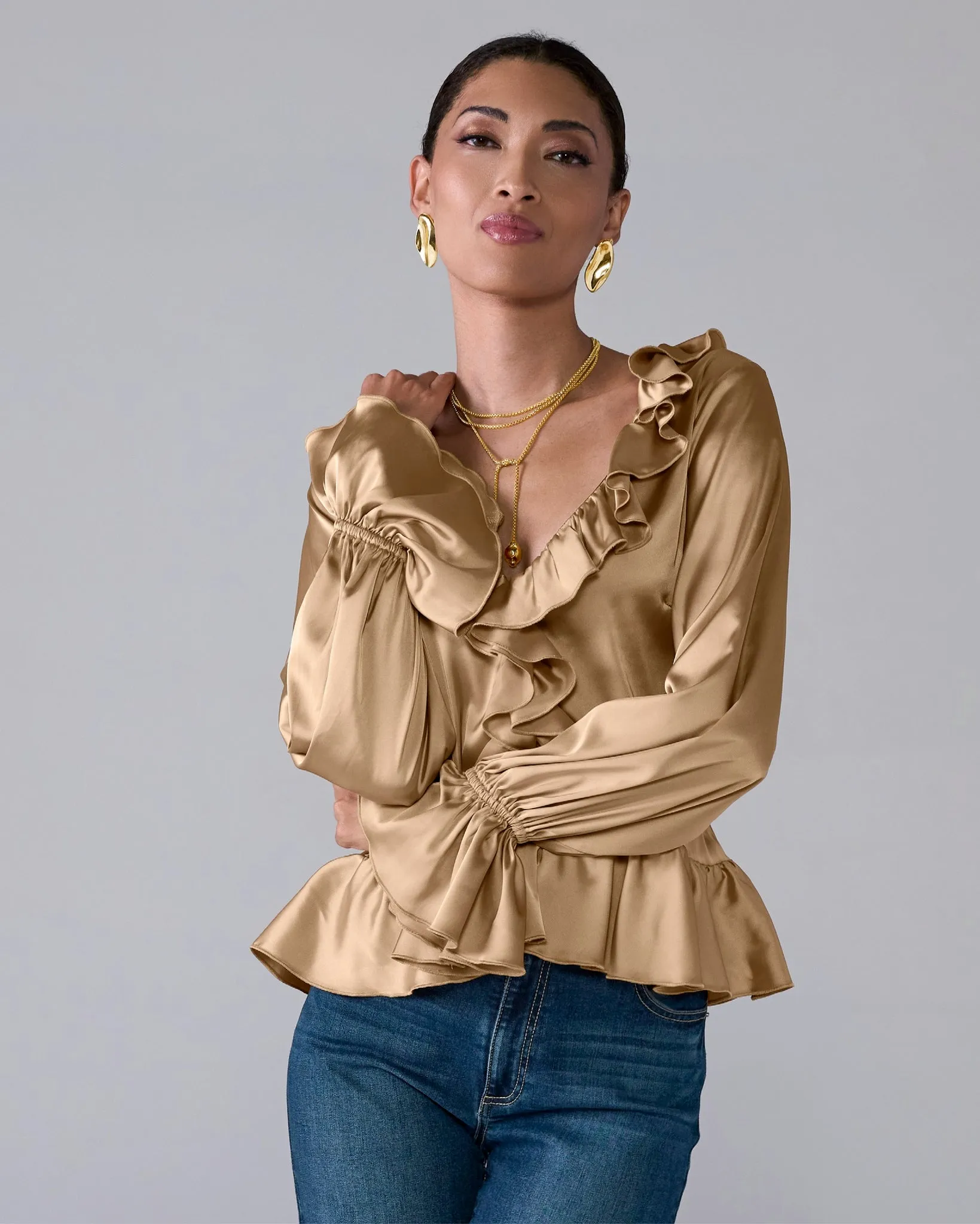 Paige Ruffle Charmeuse Blouse Champagne sold by Boston Proper