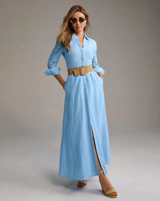 Linen Three Quarter Sleeve Maxi Shirt Dress Airy Blue sold by Boston Proper