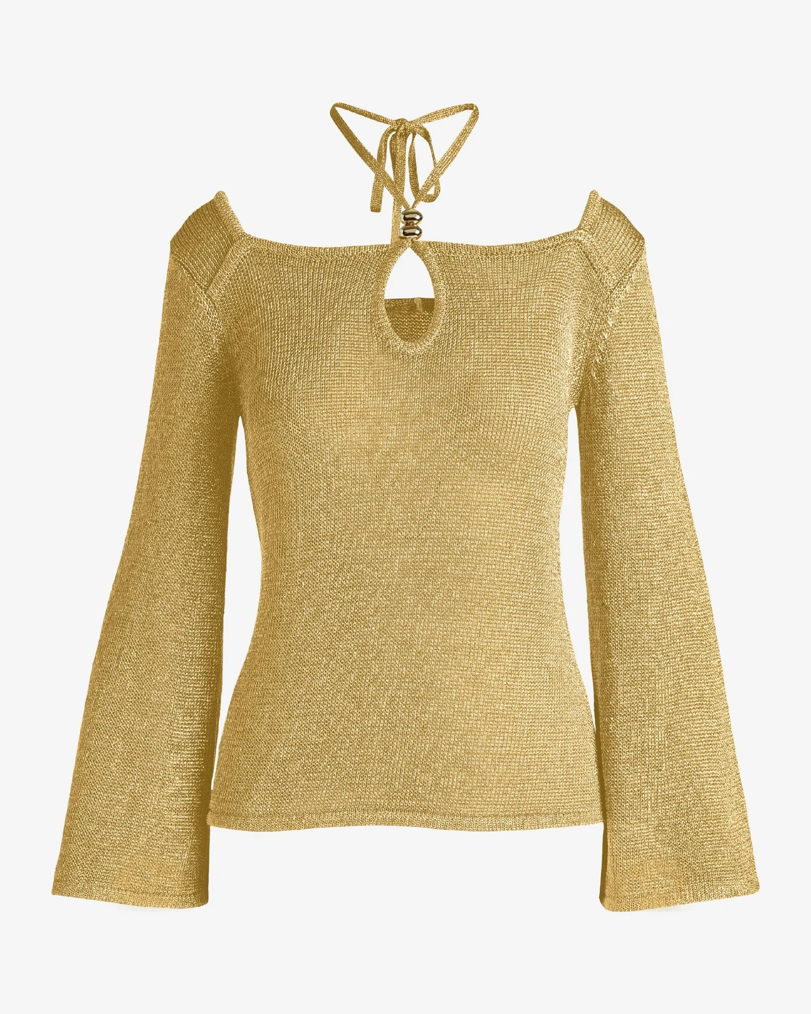 Keyhole Cut Out Flare Sleeve Metallic Sweater with Strap Detail Gold Metallic sold by Boston Proper product image thumbnail 2