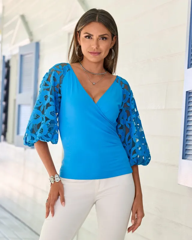Embroidered Lace Sleeve Surplice Knit Top Blithe Blue sold by Boston Proper