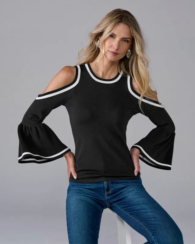 Color Block Cold Shoulder Ruffle Sleeve Sweater Black/White sold by Boston Proper
