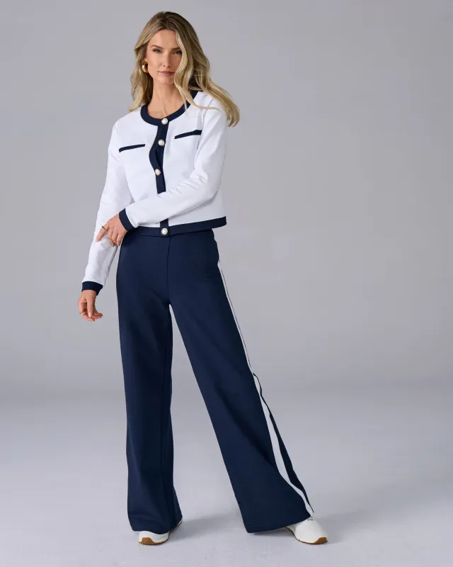 French Terry Color-block Cropped Jacket and Pant Set Navy/White sold by Boston Proper