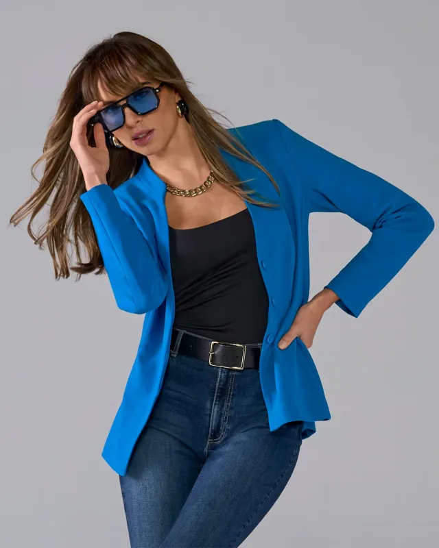 Beyond Travel Collarless Blazer Princess Blue sold by Boston Proper